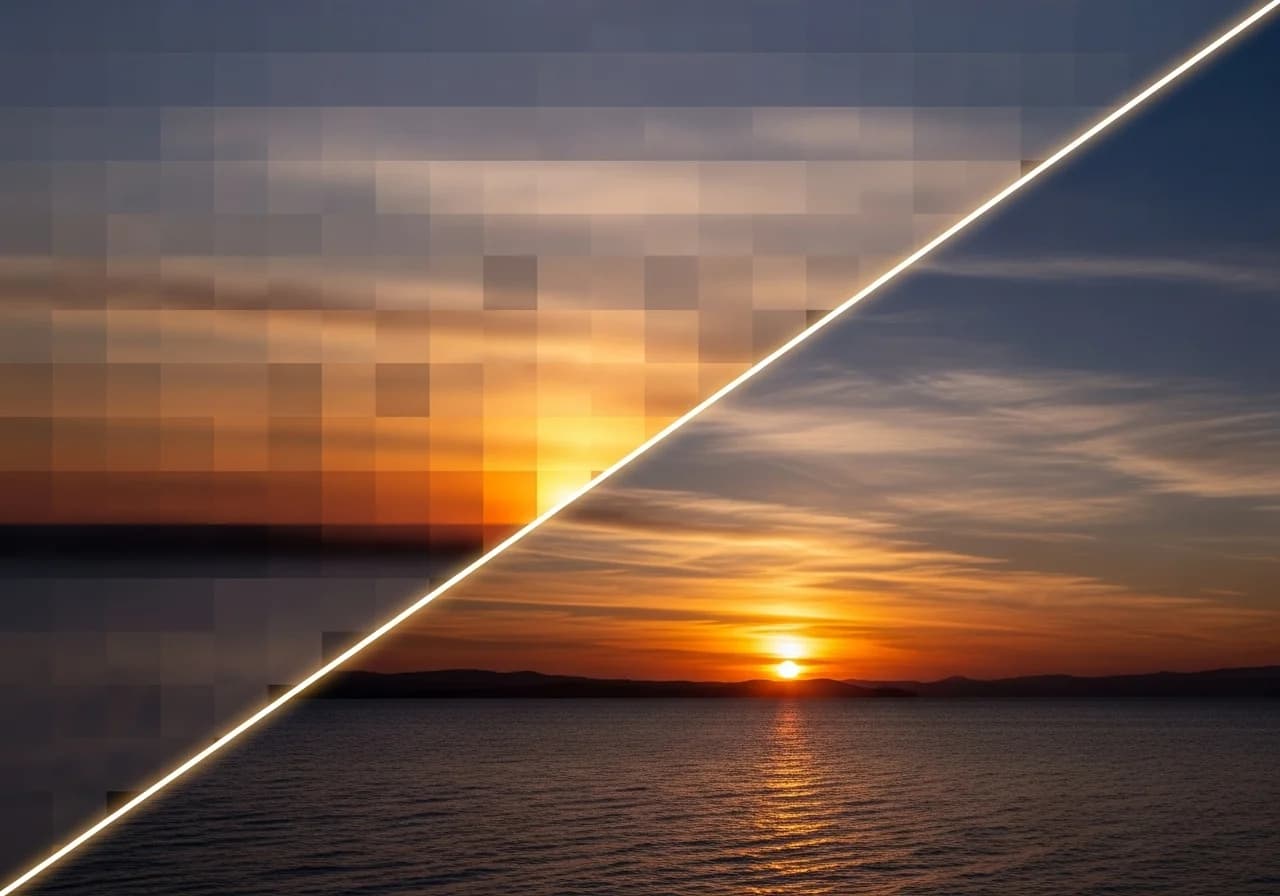 Split comparison showing a blocky low-resolution sunset beside a clearer enlarged version