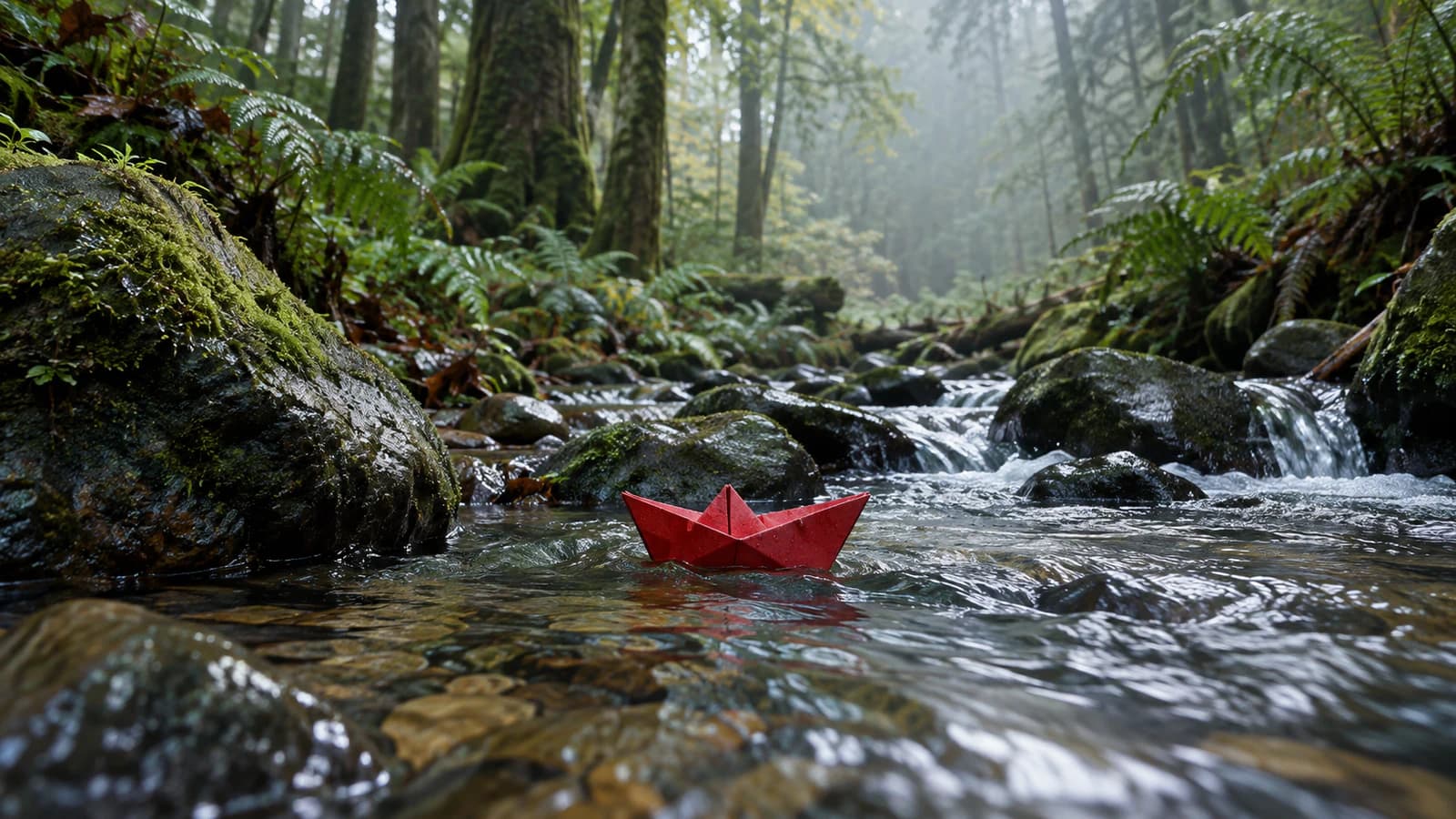 A red paper boat moving through a rain-fed forest stream, shown as a realistic cinematic video frame