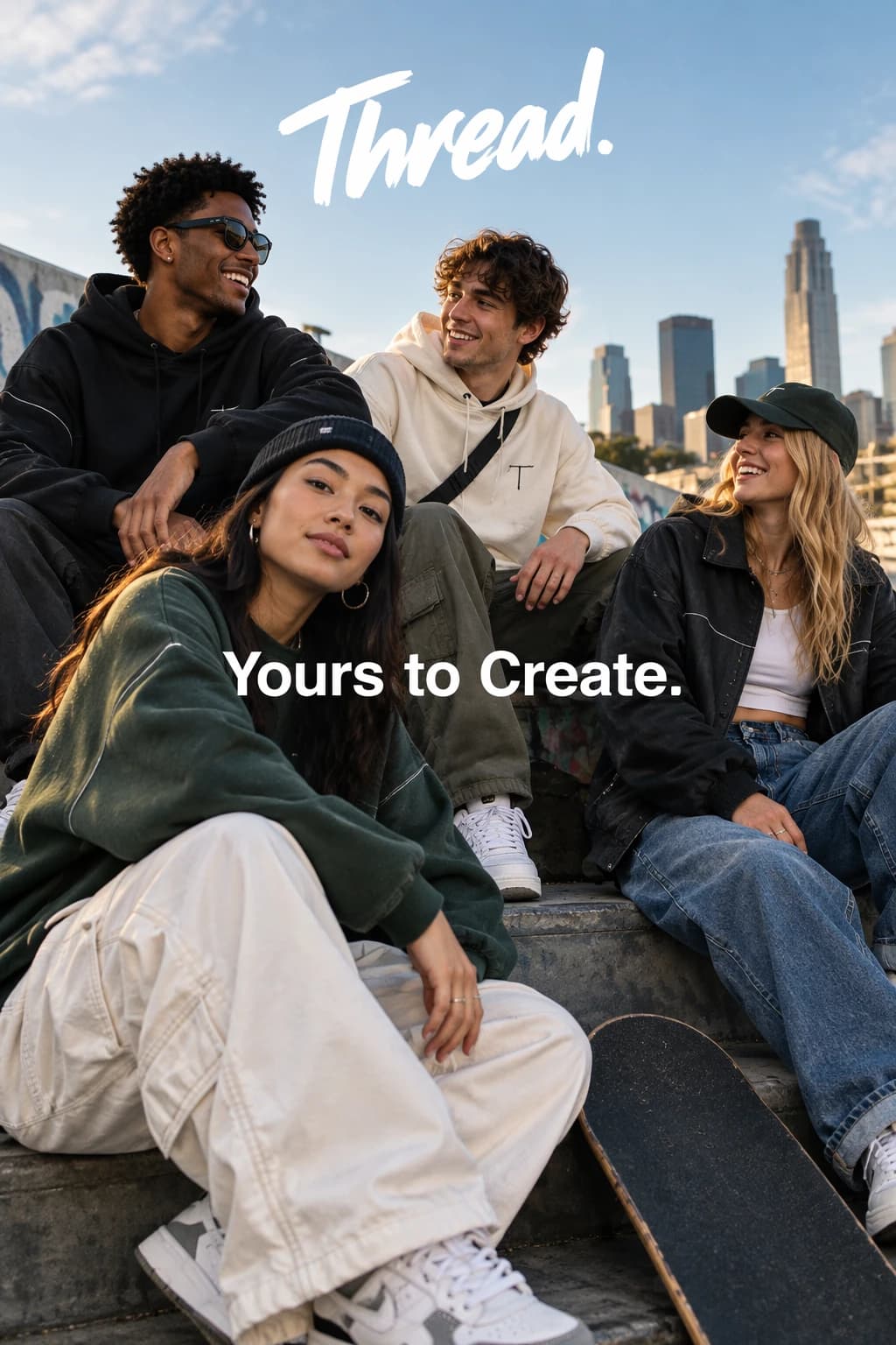 Official GPT Image 2.5 Flare streetwear campaign example with four friends and the exact tagline Yours to Create