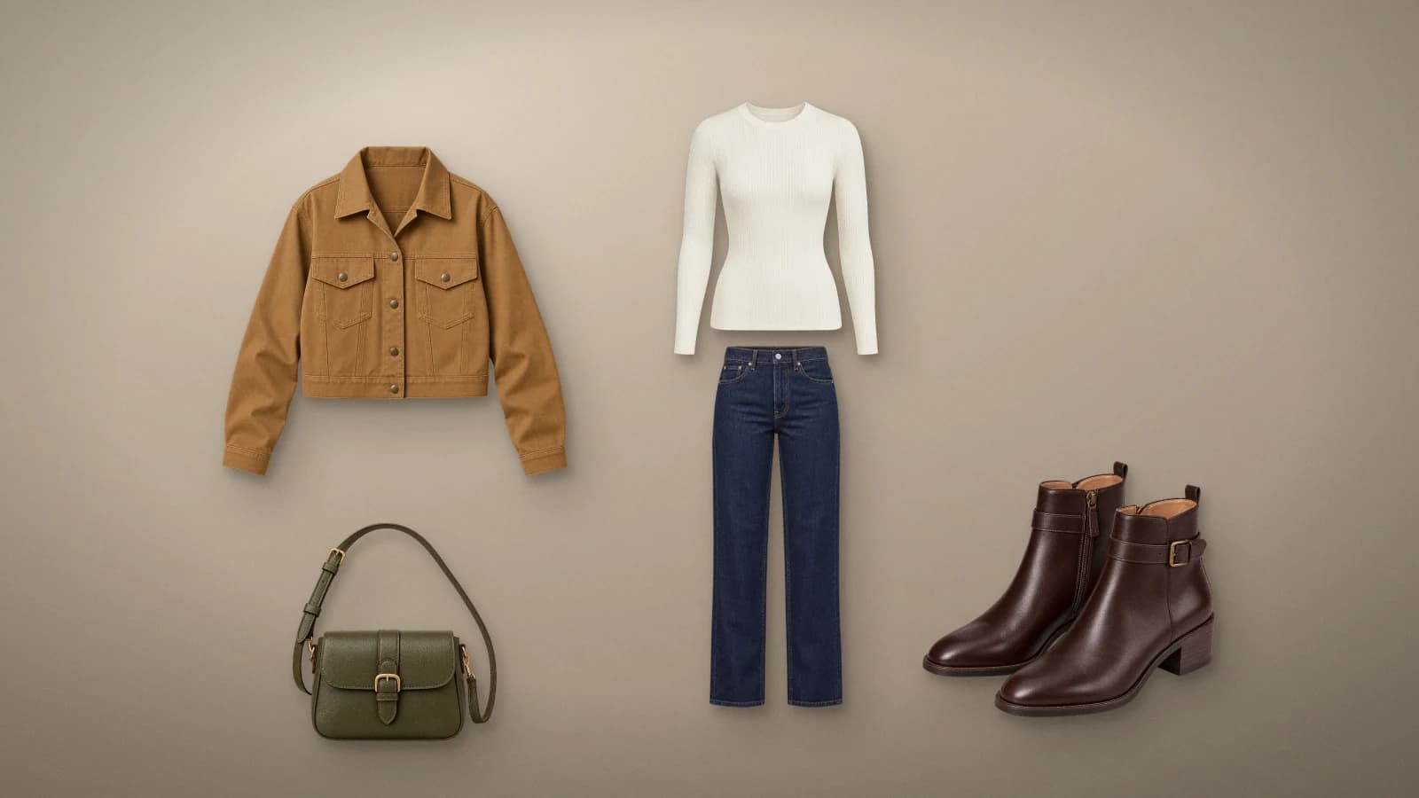 Flat-lay of a camel jacket and olive crossbody bag beside an ivory knit top, indigo jeans, and brown ankle boots arranged as one planned outfit