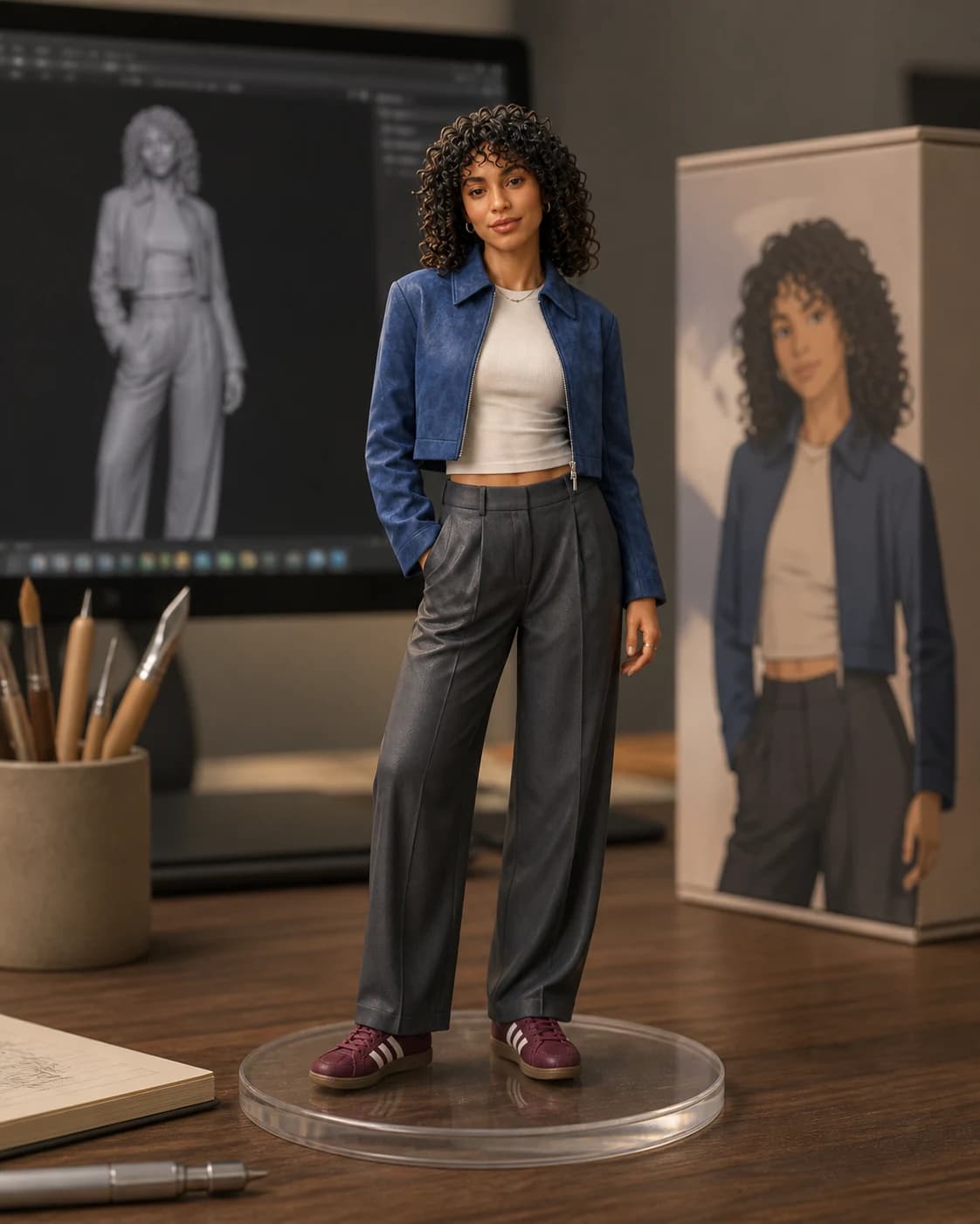 A fictional woman transformed into a hand-painted resin collectible figurine on a clear display base