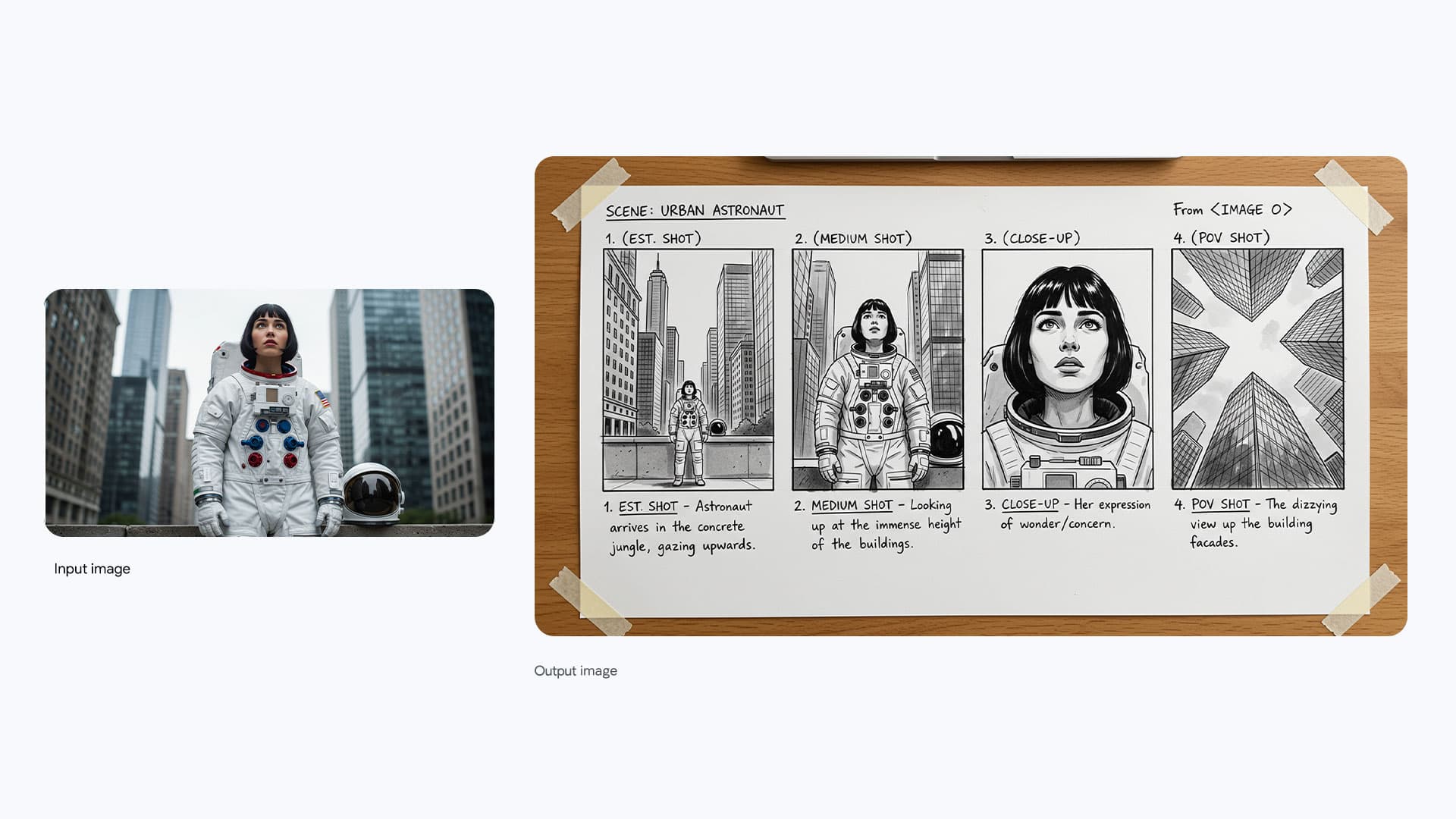 Official Google Nano Banana Pro example showing an input astronaut image converted into a storyboard