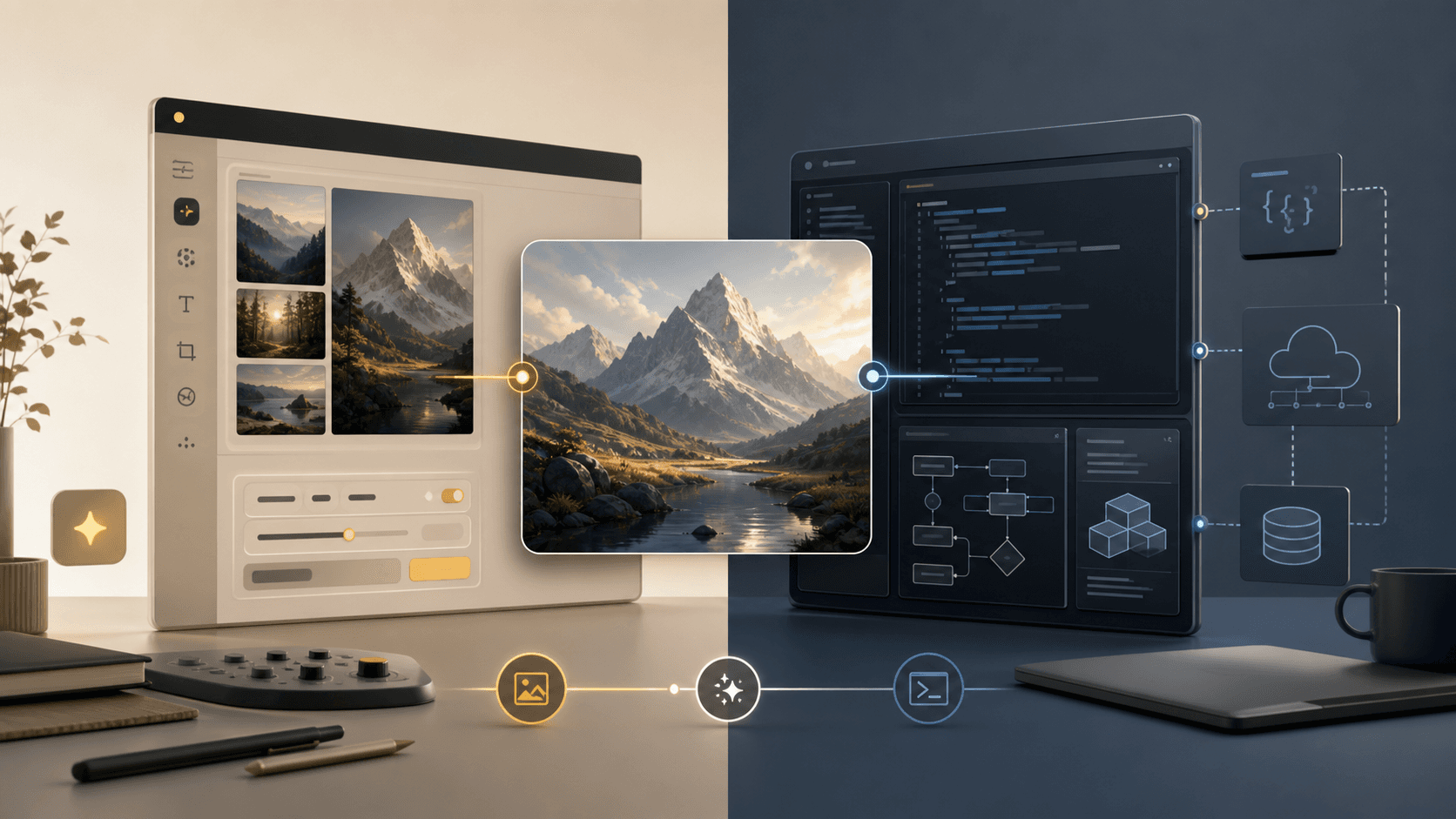 Two paths to the same AI image: a visual creative workspace and a developer API workflow