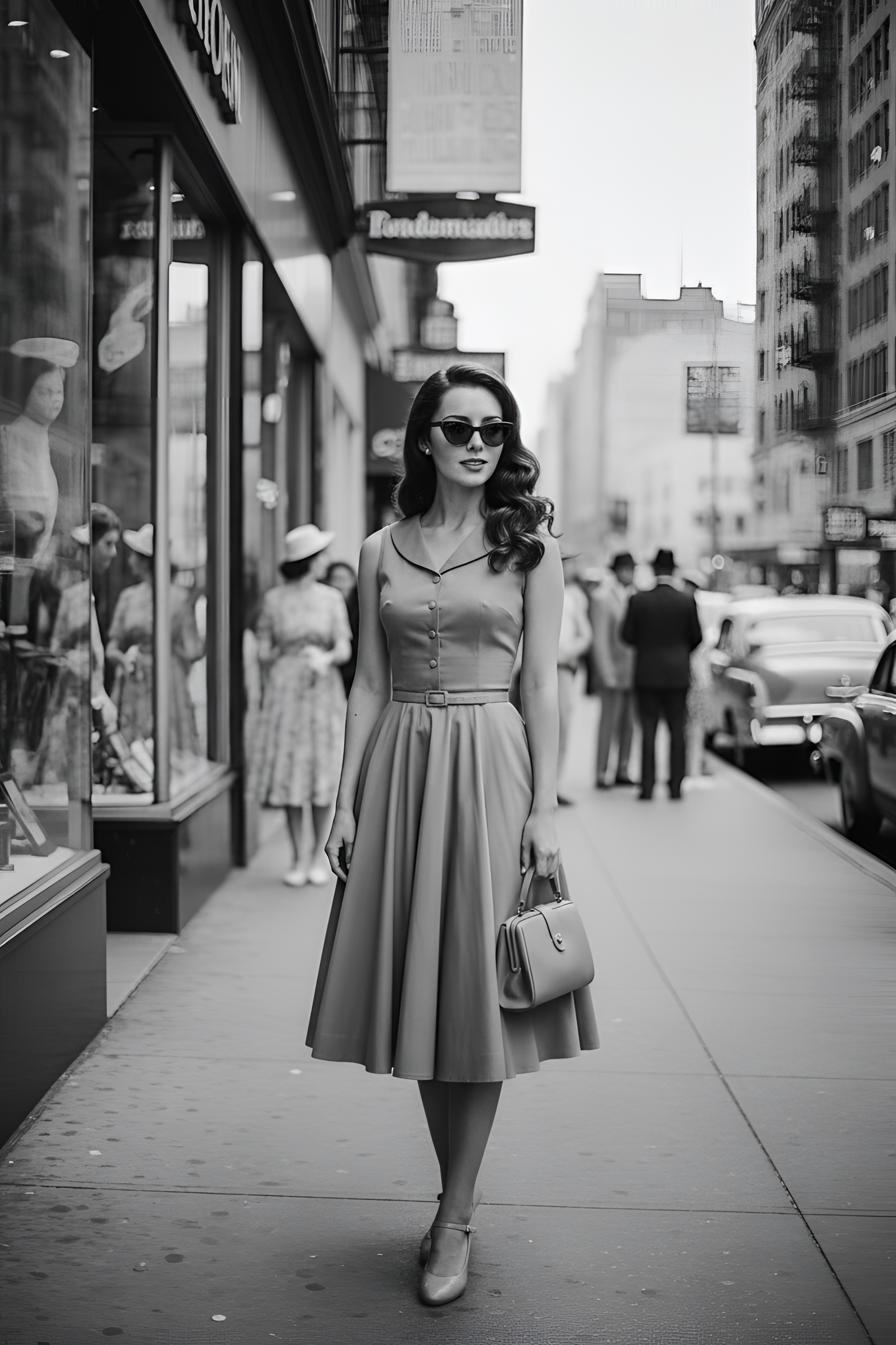 A fictional woman transformed into a black-and-white 1950s street-fashion portrait