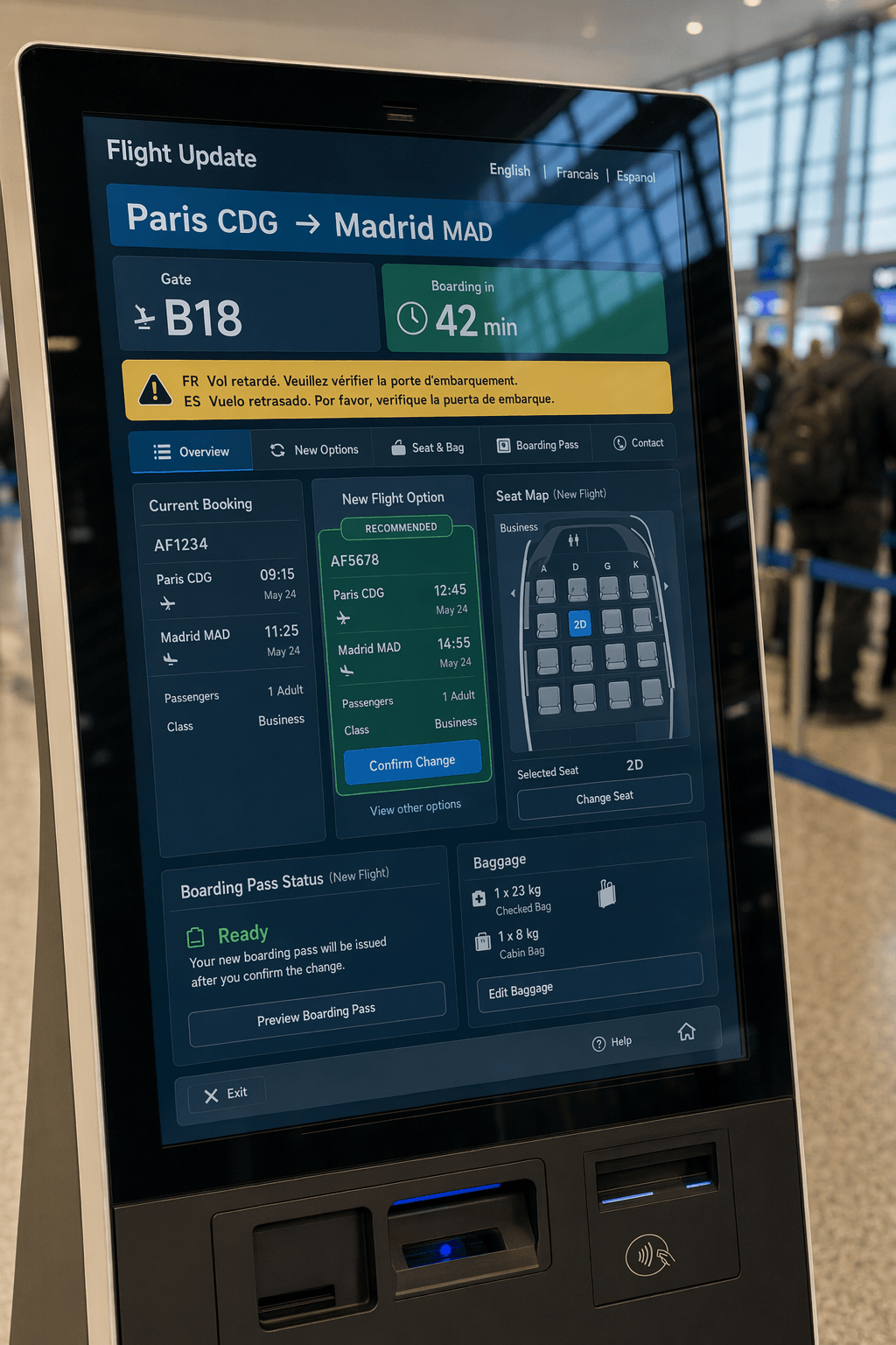 Official OpenAI example of a generated airport kiosk UI with multilingual text