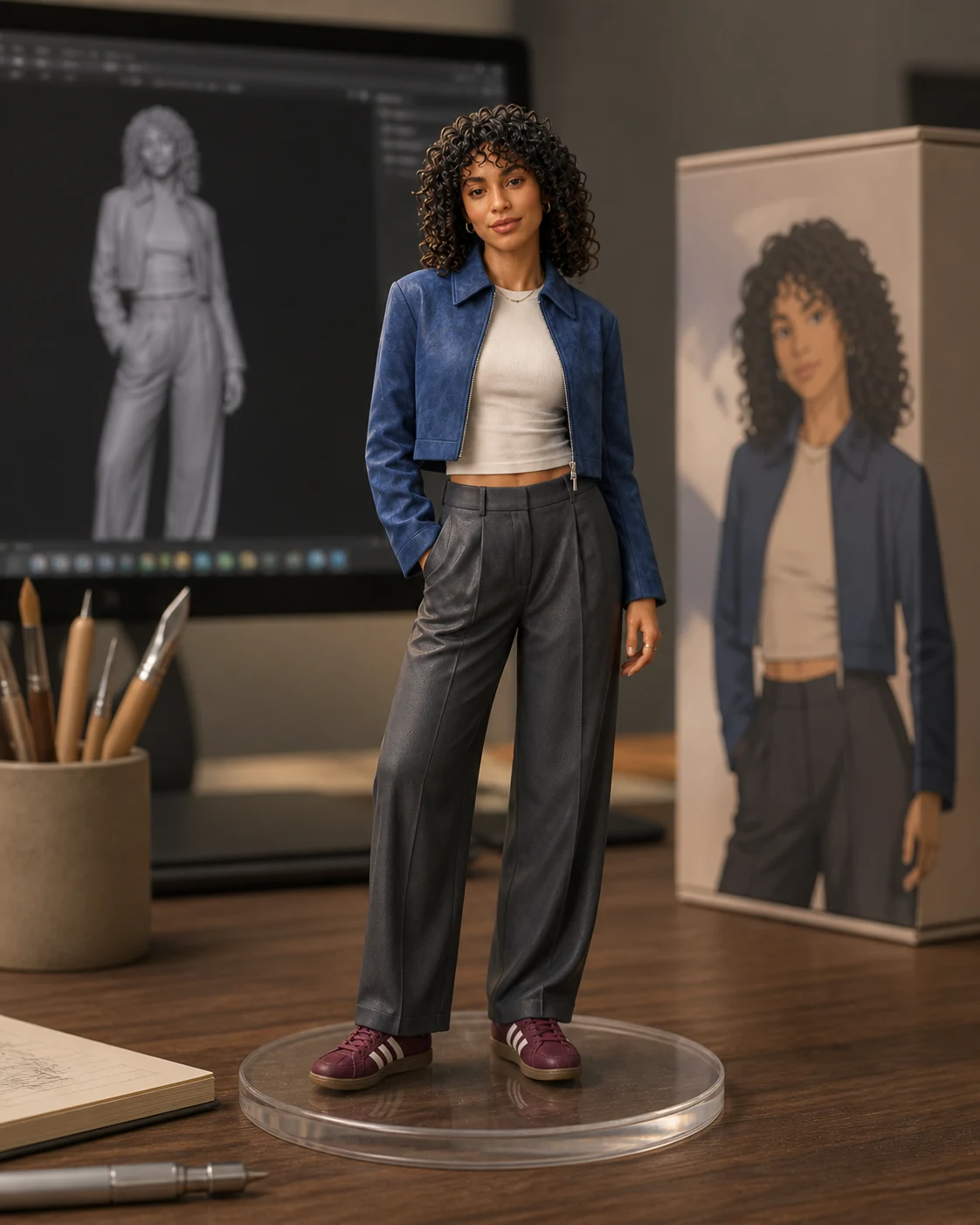 The same fictional woman represented as a hand-painted resin collectible figurine on a creator desk