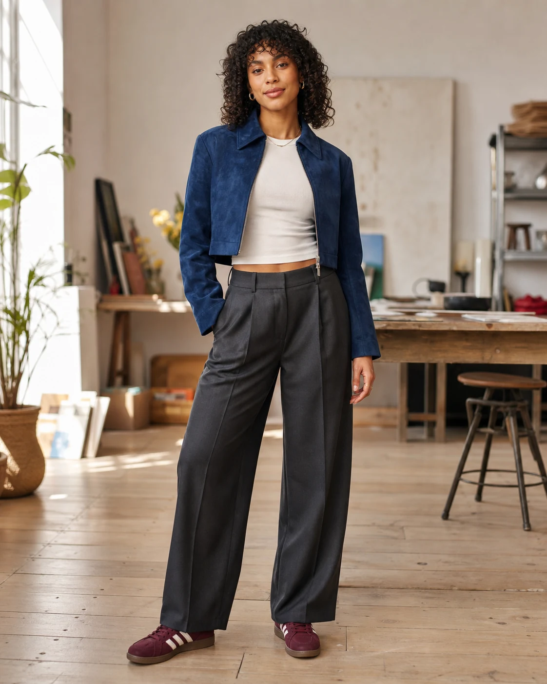 A full-body source photograph of a fictional woman in a blue jacket and charcoal trousers