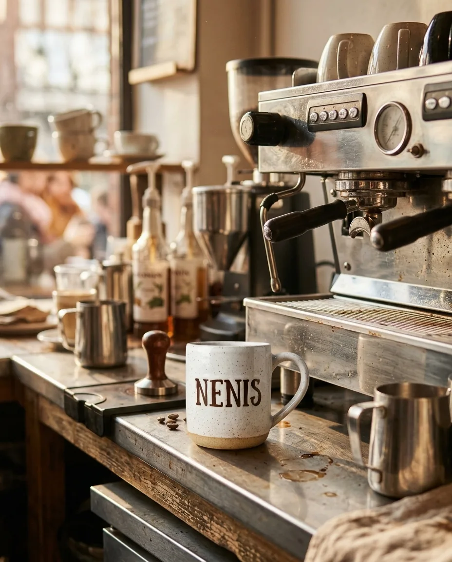 Nano Banana 2.1 edit placing a speckled white mug with the word NENIS on a café counter next to an espresso machine in morning light