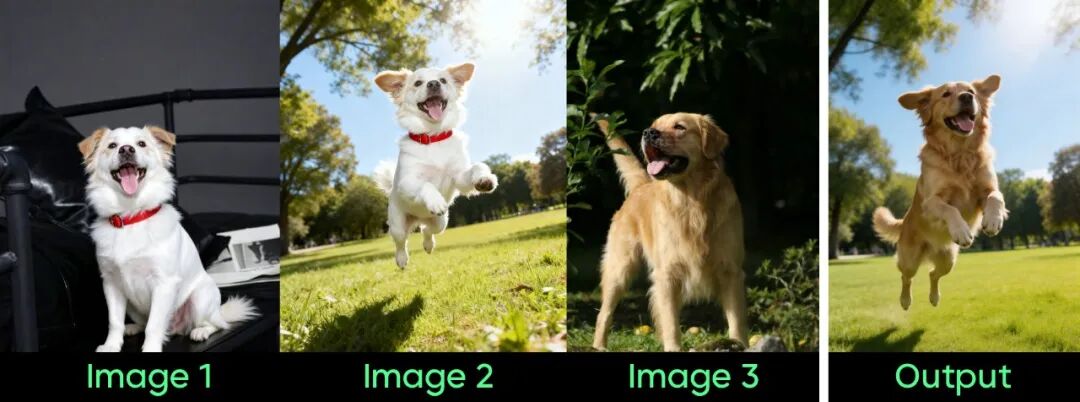Official Seedream 5.0 Lite example combining subject and action references into a new dog image