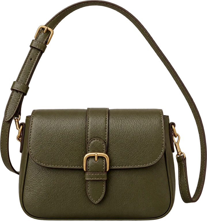 Olive crossbody bag isolated with its strap and hardware preserved