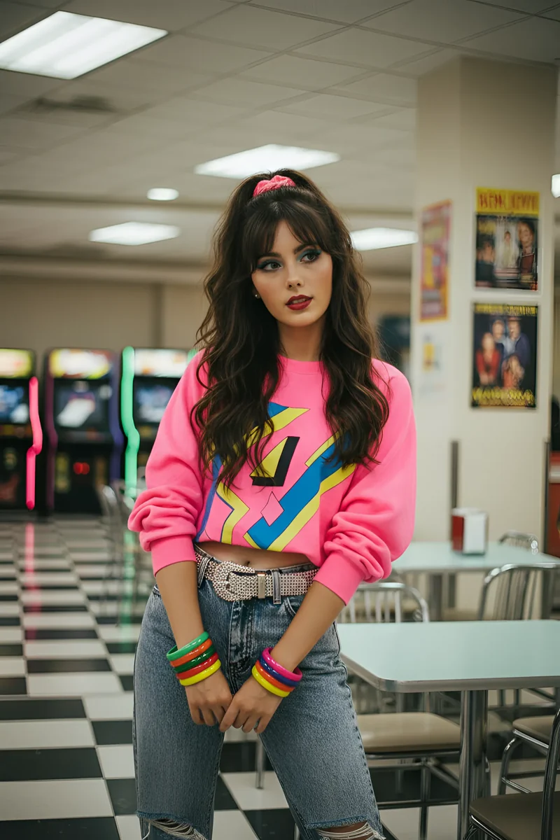 The starting photo: a woman in a pink 1980s sweater, acid-wash jeans and neon bracelets standing in a diner with arcade machines behind her