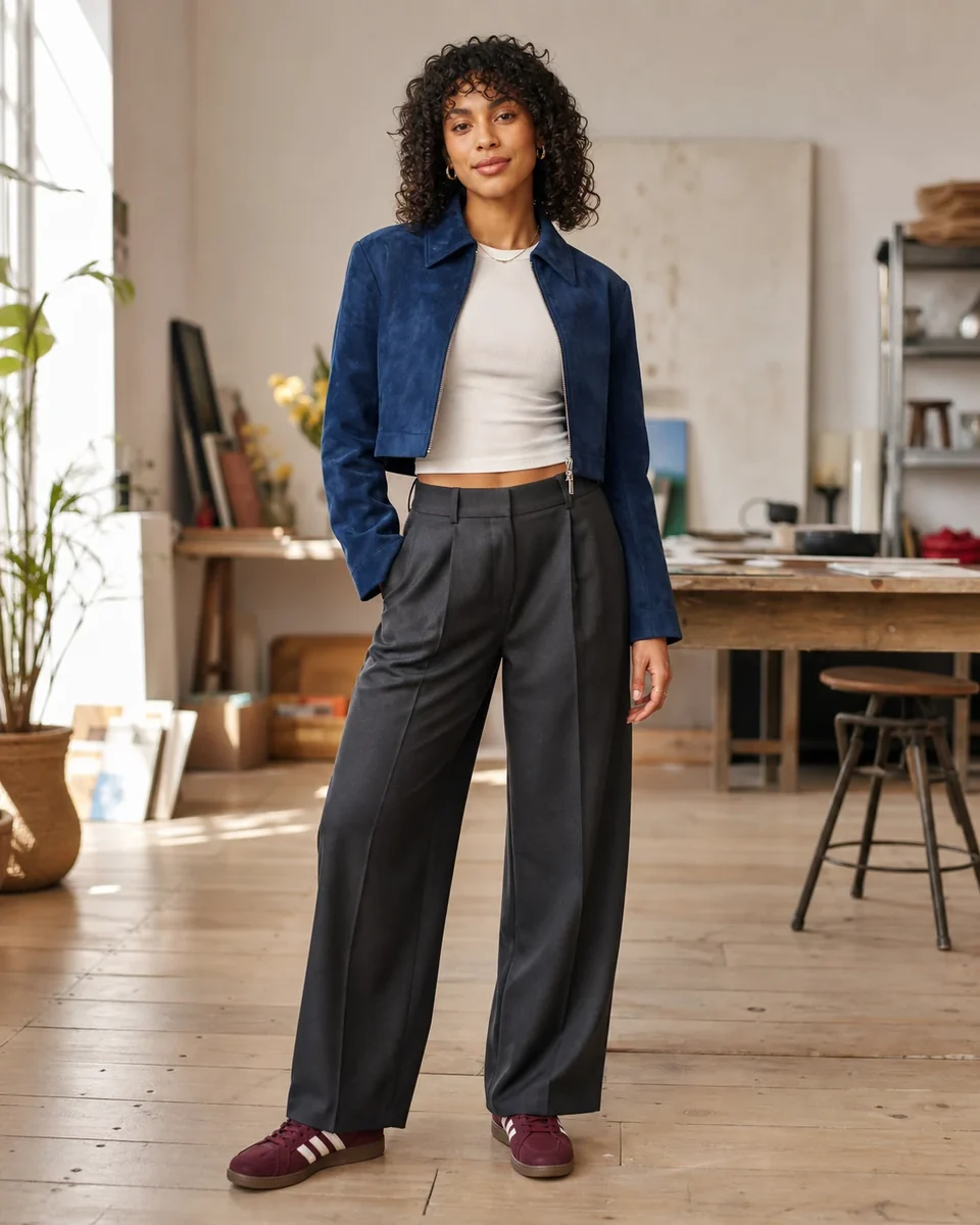 First frame: a woman with curly hair in a blue suede jacket, white top and charcoal trousers standing in a bright studio